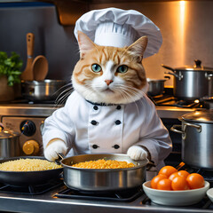 The cat cook is preparing food in the kitchen. Anthropomorphic animal