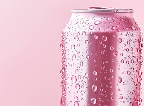 close up photo of a pink soda can with water drops on pure pastel background with copyspace