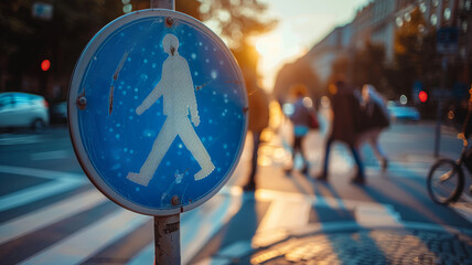 Pedestrian sign at sunset with people