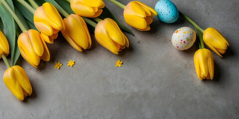 Ester holiday background with easter eggs and tulips on wooden background
