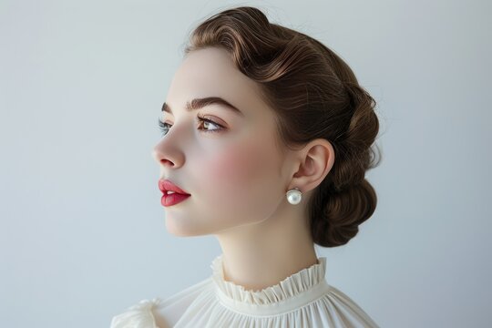 Pretty Young Woman in Classic White Blouse and Pearl Earrings photo on white isolated background