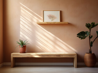 Front view of wooden bench, isolated on solid and cheerful background. 