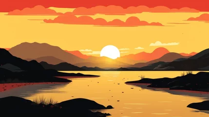 Stoff pro Meter beautiful view of sunset over lake wallpaper. A landscape of Sunset over lake. landscape with a lake and mountains in the background. landscape of mountain lake and forest with sunset in evening. © jokerhitam289