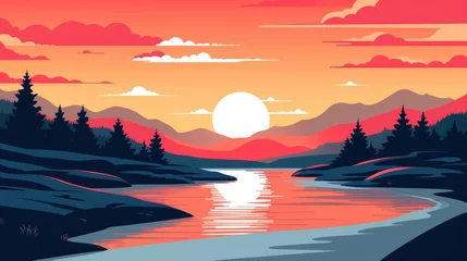 Rolgordijnen beautiful view of sunset over lake wallpaper. A landscape of Sunset over lake. landscape with a lake and mountains in the background. landscape of mountain lake and forest with sunset in evening. © jokerhitam289