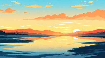 A landscape of Sunset over lake. landscape with a lake and mountains in the background. landscape of mountain lake and forest with sunset in evening. beautiful view of sunset over lake.