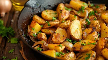 Selyanski-style fried potatoes in a frying pan, garnished with parsley