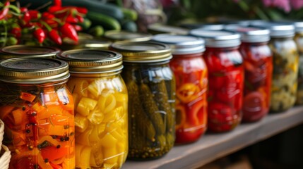 Variety of pickled and pickled vegetables in glass jars on the shelf in the supermarket - obrazy, fototapety, plakaty