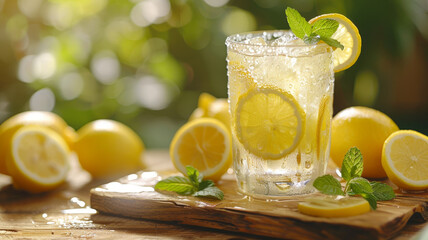 A glass of lemonade with lemons and mint.