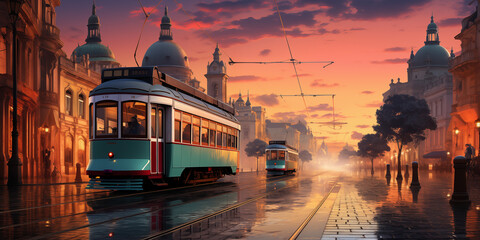 Tram in the city at sunset, Istanbul, Turkey. 3D rendering - obrazy, fototapety, plakaty