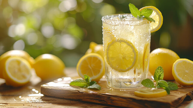 A glass of lemonade with lemons and mint.