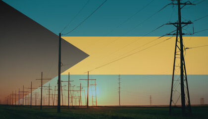 Fototapeta na wymiar Bahamas flag on electric pole background. Power shortage and increased energy consumption in Bahamas. Energy development and energy crisis