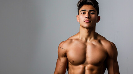 Fototapeta premium copy space, stockphoto, very handsome Latino male model, boy-ish handsome look, 20 years old, well athletic build. Very attractive well build photo model. Handsome attractive sporty Latino young man. 