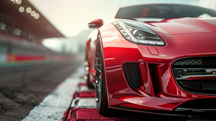 Red sports car on racetrack.