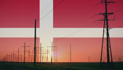 Denmark flag on electric pole background. Power shortage and increased energy consumption in Denmark. Energy development and energy crisis
