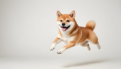 Shiba Inu dog jumping in white, grey background. studio