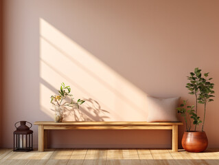 Front view of wooden bench, isolated on solid and cheerful background. 