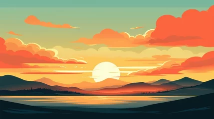 Stof per meter beautiful view of sunset over lake wallpaper. A landscape of Sunset over lake. landscape with a lake and mountains in the background. landscape of mountain lake and forest with sunset in evening. © jokerhitam289