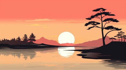 A landscape of Sunset over lake. landscape with a lake and mountains in the background. landscape of mountain lake and forest with sunset in evening. beautiful view of sunset over lake.