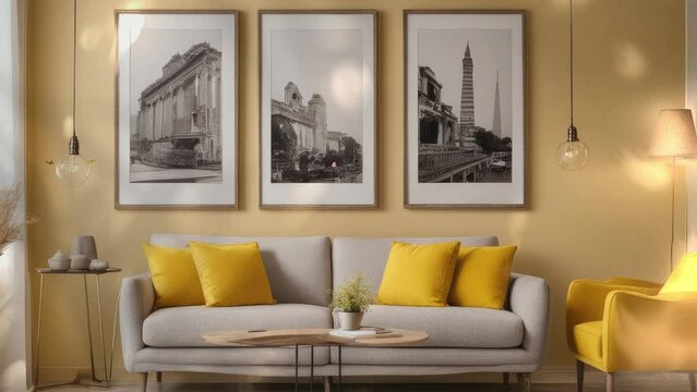3D Rendering. Beige sofa with yellow cushions and two side tables with lamps on a bright yellow wall with poster frames. Classic home interior design modern living room