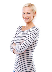 Creative, woman and portrait with arms crossed with fashion, style or confidence in studio on white background. Happy, girl and pride as professional art director in business or designer for project