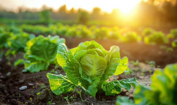 Lettuce plant on field vegetable and agriculture sunset and light. 