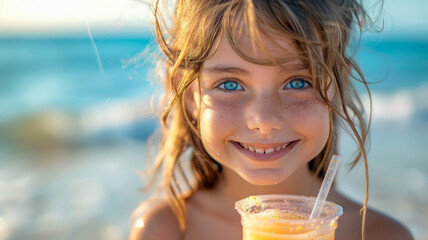 Young girl smiling with a drink on beach