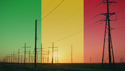 Mali flag on electric pole background. Power shortage and increased energy consumption in Mali. Energy development and energy crisis