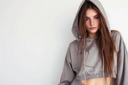 Pretty Young Woman in Cropped Hoodie and Jogger Pants photo on white isolated background