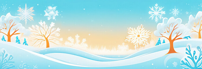 Winter weather snow snowy, chrsitmas background banner greeting card. Frame made of frozen ice crystal and snowflakes and with blue sky and sunshine. style is soft fairytale, light orange, backligh, s