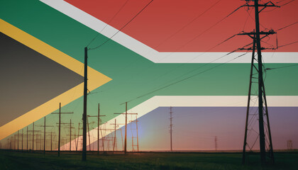 South Africa flag on electric pole background. Power shortage and increased energy consumption in South Africa. Energy development and energy crisis - obrazy, fototapety, plakaty