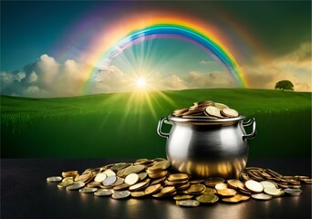 Saint Patrick's Day and Leprechaun's pot of gold coins concept with a rainbow indicating where the leprechaun hid treasure on green with copy space. St Patrick is the patron saint of Ireland backdrop. - obrazy, fototapety, plakaty