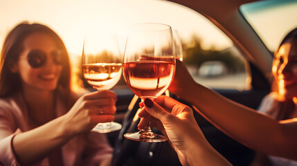 Friends clinking glasses with wine inside the car at sunset