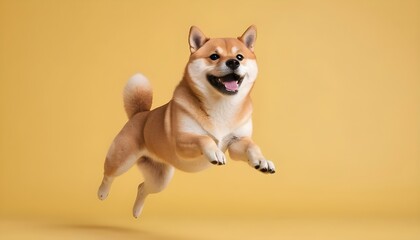 superhero dog , Cute orange Shiba Inu with a blue cloak and mask jumping and flying on light blue background with copy space. The concept of a superhero, super dog leader, funny animal studio shot.