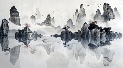 Floating Islands in Harmony: A Traditional Chinese Ink Painting Masterpiece Capturing a Surreal Ecosystem Adrift in the Sky Above a Tranquil Sea