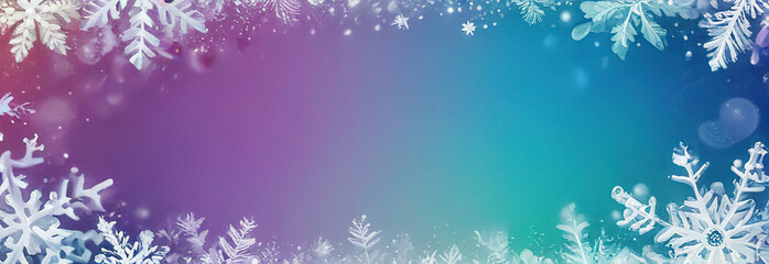 Banner with frame of snowflakes of different sizes. Winter background with gradient :violet, green.
