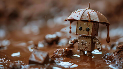 Small robot toy with umbrella in the rain.