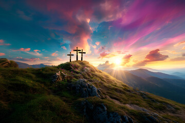 Three christian crosses on the mountain at sunrise, the crucifixion of Jesus Christ