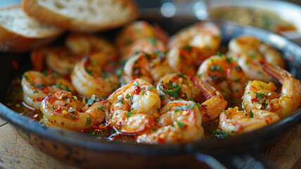 Sautéed shrimp in a pan with herbs