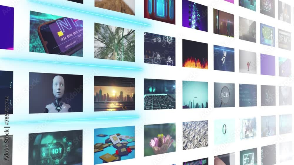 Wall mural big collage wall with many video album animations on white background. modern broadcasting backgroun