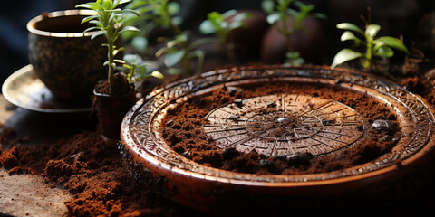 Old clock and candles on dark background Time concept fortune telling on coffee grounds