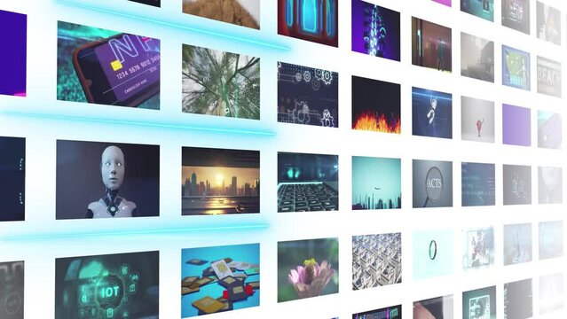 big collage wall with many video album animations on white background. Modern broadcasting backgorund with robotics theme