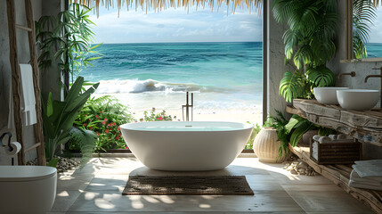 A beachfront bathroom with a freestanding bathtub, driftwood accents, and ocean view