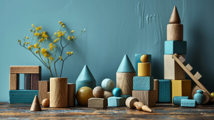 Wooden toys background concept with empty space. Toys are made from wooden blocks.