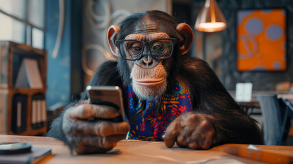 Chimpanzee using a phone. - obrazy, fototapety, plakaty