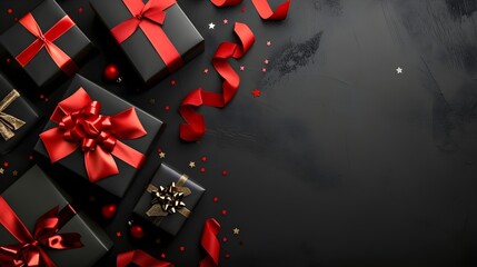 Black background with red gift boxes and ribbons, black Christmas themed background for holiday sales or advertising - Powered by Adobe