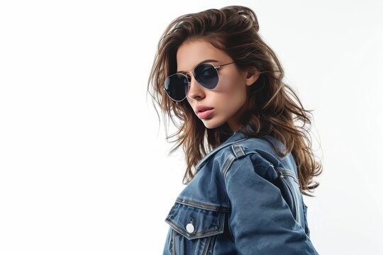 Pretty Young Woman in Denim Jacket and Aviator Sunglasses photo on white isolated background