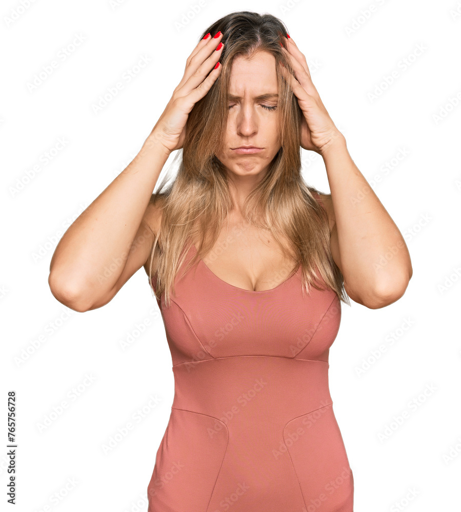 Poster beautiful caucasian woman wearing casual clothes with hand on head for pain in head because stress. 