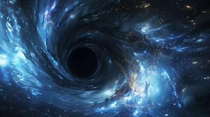 black hole in the center of galaxy with blue and white swirls - obrazy, fototapety, plakaty