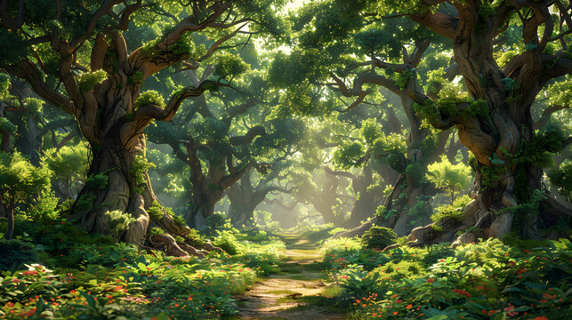 A beautiful enchanted forest with big fairytale trees 