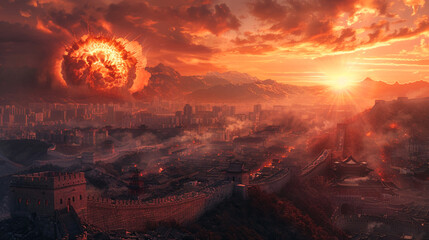 A catastrophic depiction of Beijing in the grip of a nuclear explosion - obrazy, fototapety, plakaty